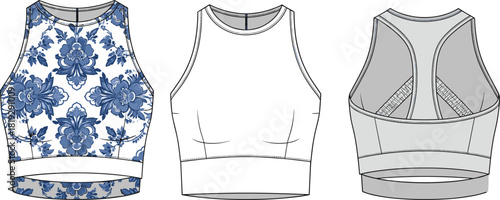 Women's sports bra vector fashion flat sketch, high neck crop top with blue floral pattern and cutouts, front and back views, technical drawing template