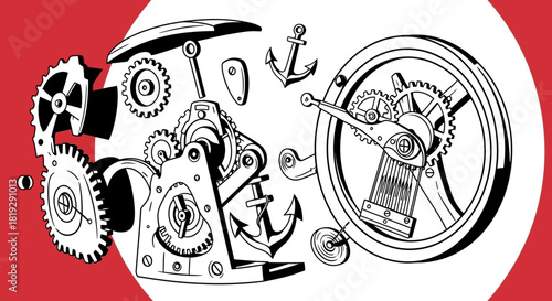 Intricate Mechanical Gears and Nautical Elements Illustration.
