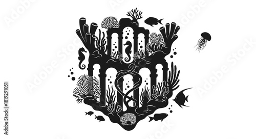 Intricate underwater world design featuring seahorses and marine life.