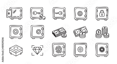 Doodle Style Security Icons Set Depicting Safe Diamond and Button