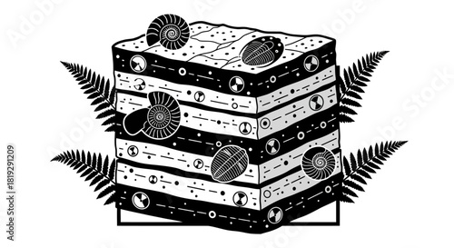 Layered Sedimentary Rock Formation with Fossils and Ferns Illustration.