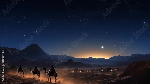 Christmas star on blue sky and three wise men. Christian video background