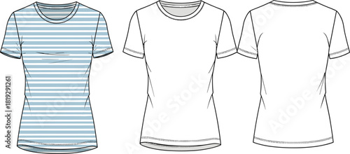 Women's striped t-shirt vector illustration, crew neck tee flat sketch, front and back view technical drawing template, ladies summer top design mockup.