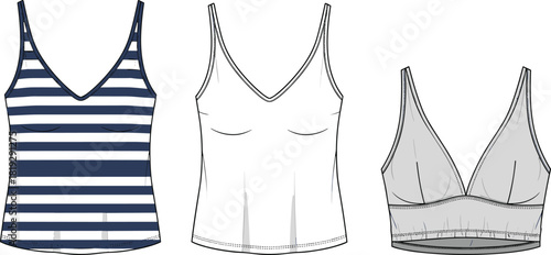 Women's striped camisole top vector fashion flat sketch, V-neck tank with inner shelf bra, front view, technical drawing template for apparel