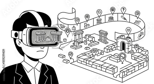 Man experiencing virtual reality headset exploring ancient architecture.