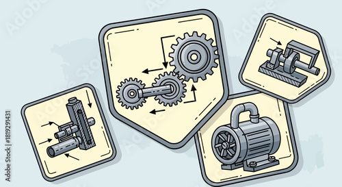 Mechanical Engineering Components and Schematics Illustration.
