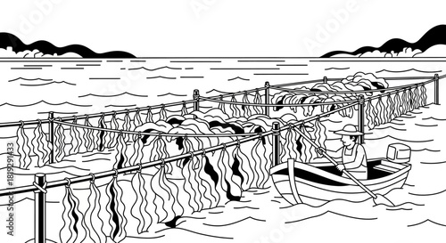 Man in a small boat harvesting seaweed from an aquaculture farm.