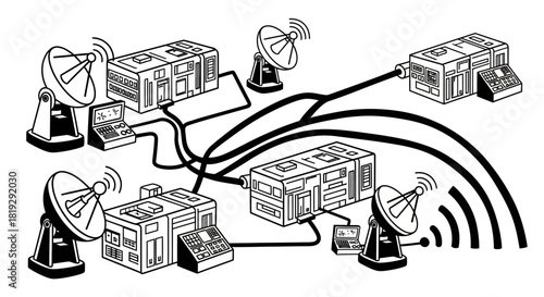 Network of Communication Devices with Satellite Dishes and Cables.