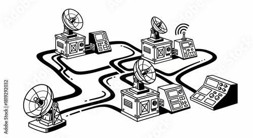 Network of Satellite Dishes and Control Panels Illustration.
