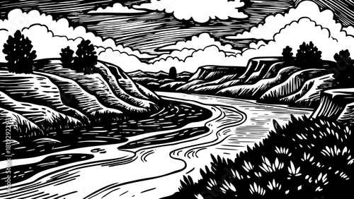 Very beautiful scenic Oklahoma landscape featuring red clay terrain, a gently winding river, and an expansive open sky that creates a calm and natural atmosphere.