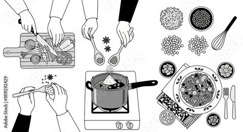 Overhead view of hands preparing and cooking a meal with various ingredients.