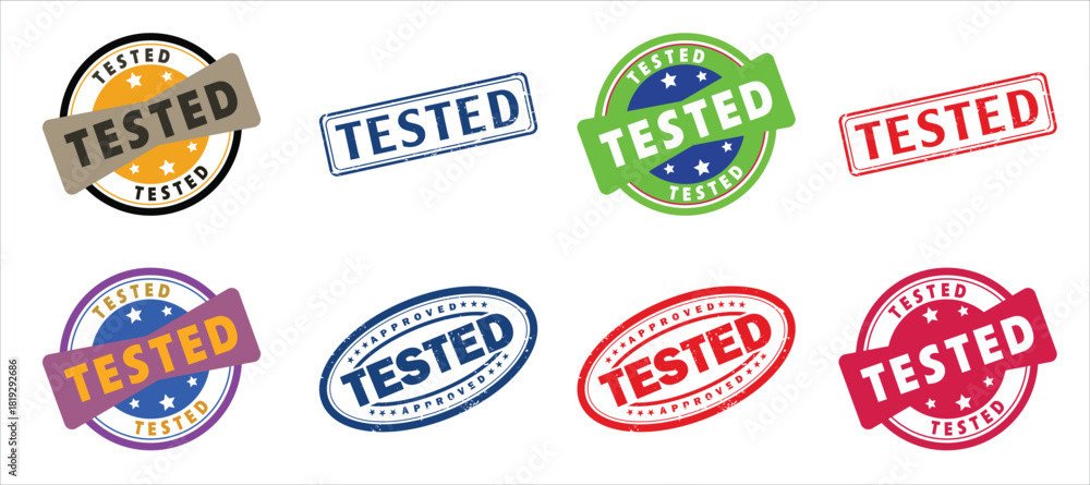 Obraz premium Premium Vector Set of Colorful Tested Product Quality Control Stamps and Certification Seals 
