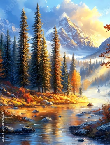 A breathtaking landscape showcasing an autumn scene with vibrant trees and a serene river, nestled among majestic mountains, illuminated by a golden sunset glow.