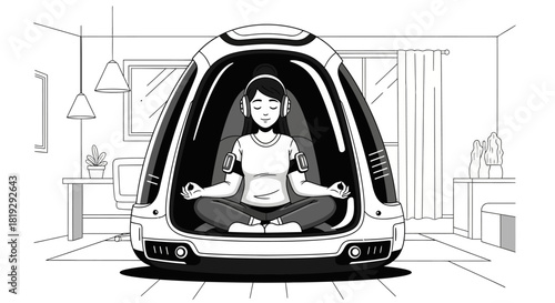 Person Meditating Inside Futuristic Pod.