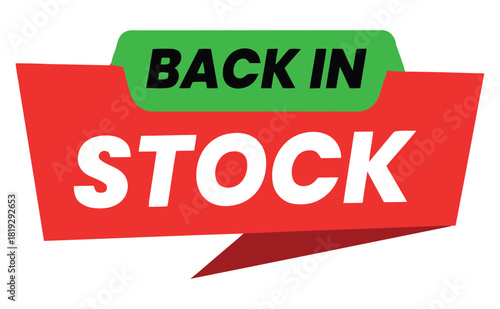 A red banner with a green tab announces "BACK IN STOCK" in bold white lettering, signifying product availability.