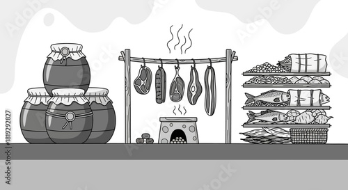 Preserved Food Storage and Preparation Scene.