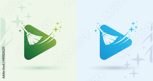 Play button sparkle swoosh cleaning logo media video hygiene service modern brand icon