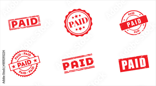 Vector Set of Six Red Grunge Paid Rubber Stamps Financial Invoice and Transaction Confirmation Seals
