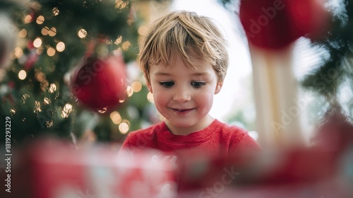 Joyful child in red among christmas decorations and gifts