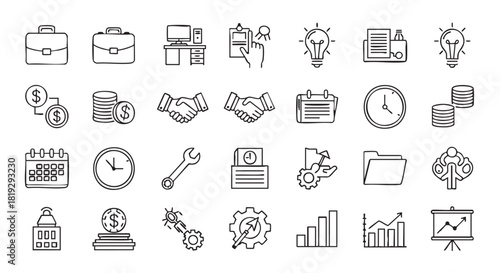 Hand drawn business and finance icon set representing various concepts