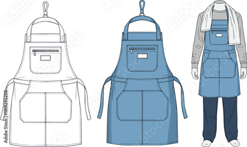 Work apron vector illustration, denim bib uniform flat sketch with zipper pocket, front view technical drawing template, industrial clothing design mockup, isolated.
