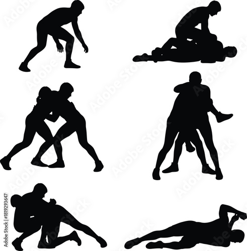 Wrestling silhouette collection showing dynamic grappling, takedowns, ground fighting, and competitive combat poses, perfect for martial arts, sports training, fitness, and action vector illustrations