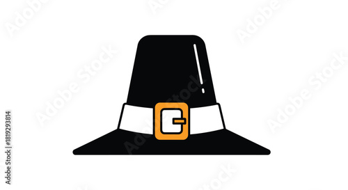 Stylized illustration of a black pilgrim hat with a white band and an orange buckle.