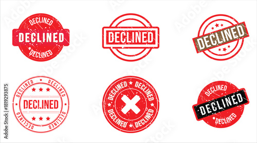 Vector Set of Six Red Grunge Declined Rubber Stamps