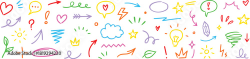 doodle, hand drawn, colorful, arrows, hearts, stars, lightbulb, speech bubble, exclamation mark, question mark, crown, cloud, lightning bolt, leaf, flower, circle, scribble, zigzag, sparkle, crystal, 