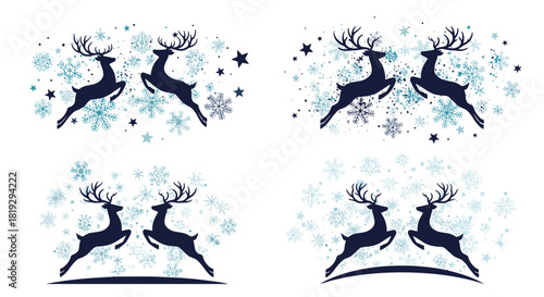 Four elegant dark blue reindeer silhouettes leaping amongst blue and white snowflakes and stars.