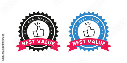 Two best value badges with thumbs up icons and banners for award and recognition of quality and approval.