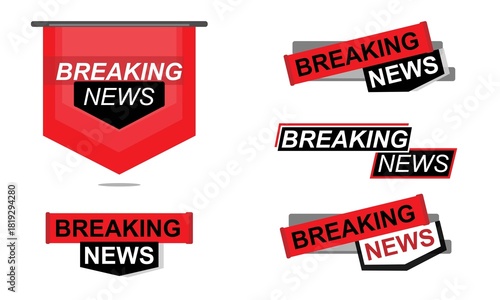 set of red and black labels and banners of breaking news, breaking news alert, for news channel and YouTube, vector illustration with editable texf for channel and news paper