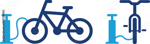 icon, bicycle, bike, air pump, tire inflation, cycling, transportation, maintenance, repair, blue, dark blue, hose, wheel, frame, handlebars, pedal, pump, inflation, pressure, service, equipment, grap