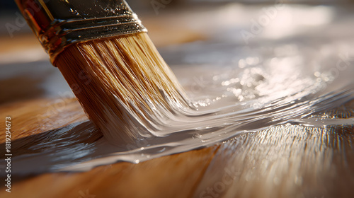 Hyper detailed macro of paintbrush applying white paint on wood surface