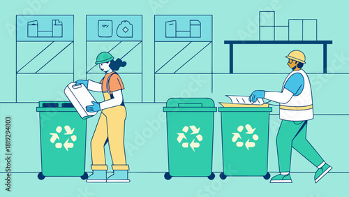 Recycling service with workers sorting plastic and paper at waste bins