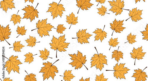 A repeating pattern of autumn leaves in various sizes and orientations on a white background.