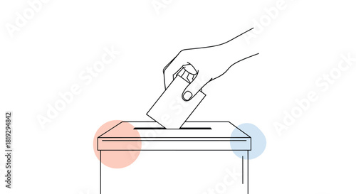 Hand dropping a ballot into a voting box with red and blue accents.