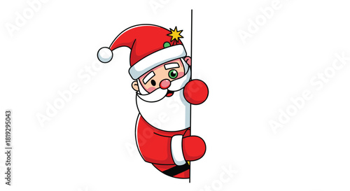 Cute cartoon Santa Claus peeking around a white wall with a festive expression.
