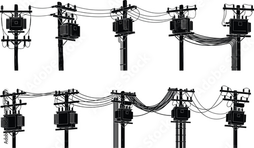 Silhouette vector illustration of utility poles with electrical transformers and wiring—technical infrastructure layout for power distribution, engineering, planning, maintenance, and reference