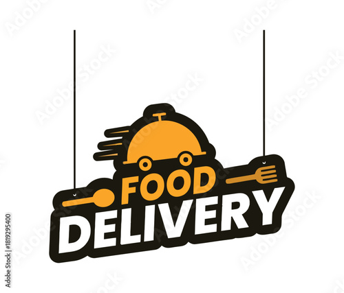 A stylized graphic displays the words "FOOD DELIVERY" with a cloche-covered dish integrated with a car symbol and a spoon and fork.