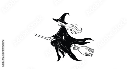 Silhouette of a witch with long hair flying on a broomstick in front of a white background.