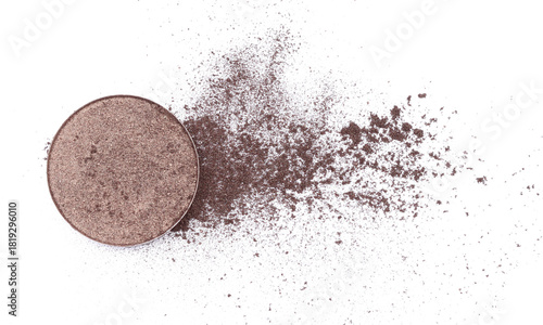 beautiful dark brown shadow in refill pan isolated on white background, brown shimmer makeup