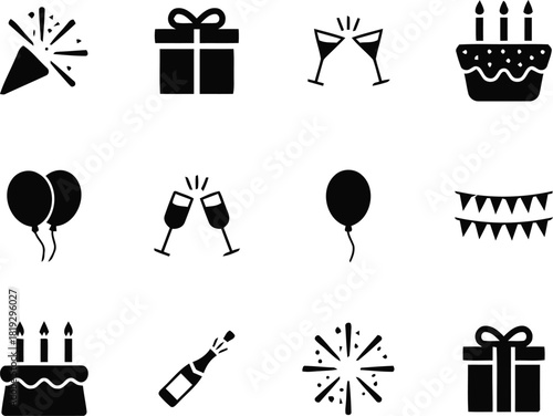 party, celebration, icons, set, collection, birthday, holiday, event, confetti, popper, gift, present, box, ribbon, bow, champagne, glasses, clinking, toast, cake, candles, balloon, garland, bunting, 