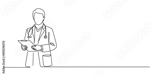 Doctor with stethoscope holding a clipboard, minimal line art