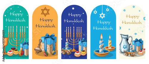 A set of Hanukkah tags with a menorah