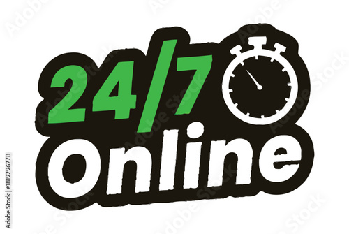 The 24/7 online clock icon signifies constant availability and continuous operation for services or businesses.