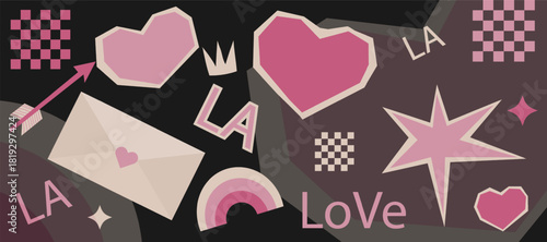 Valentine’s Day collage artwork featuring hearts and paper-cut symbols of love. A modern retro-style composition created from layered cutout elements, perfect for romantic holiday designs. Vector EPS1