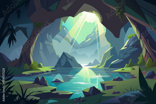 Tranquil scene of a secluded lake hidden deep within a forest vector illustration