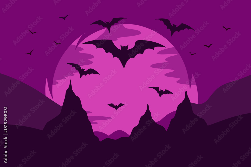 Fototapeta premium Vector art depiction of a swarm of bats flying out of a cave vector illustration