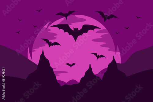Vector art depiction of a swarm of bats flying out of a cave vector illustration